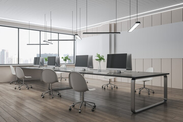 Contemporary concrete coworking office interior with panoramic city view, wooden flooring, empty mockup computer monitors on desks and chairs. 3D Rendering.