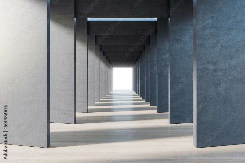 Poster Front view on illuminated square exit in the end of modern design tunnel made of dark concrete slabs and shadows on the floor. 3D rendering