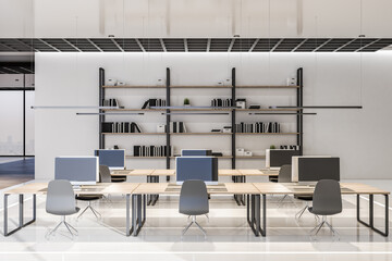 Front view on stylish workplaces and wooden book shelf in modern interior design open space office with white wall and glossy marble floor. 3D rendering