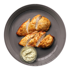Isolated plate of grilled chicken steak with sauce on white background