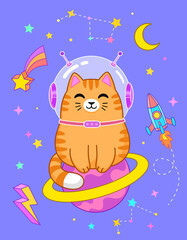 Cute cat astronaut sitting on Saturn. Vector illustration