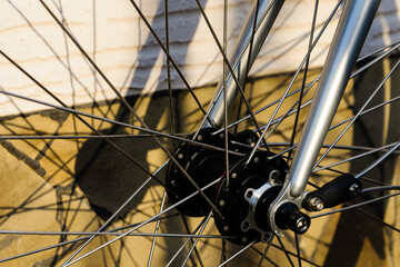 close up hub and spokes of fixed gear bike, old vintage bicycle
