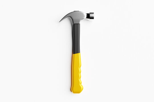 3D illustration of a metal hammer with a yellow handle hand tool isolated on a white background. 3D render and illustration of repair and installation tool
