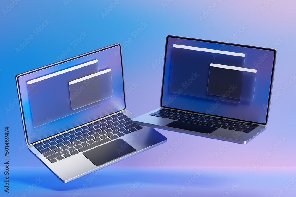 Poster 3d illustration of 2 laptops with an open browser tab on the screen. search on the internet. templat