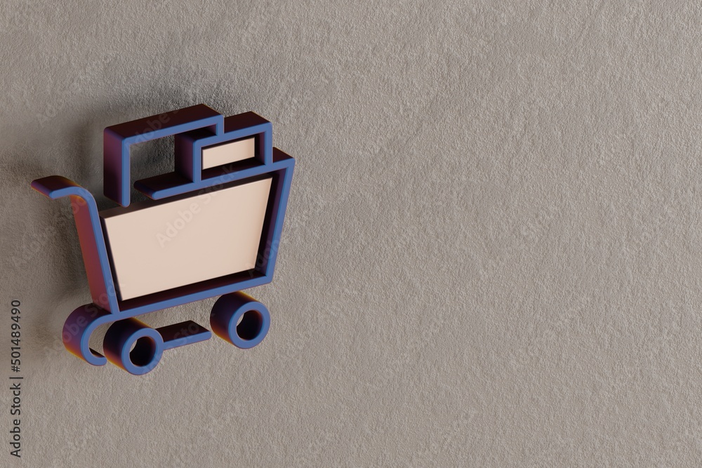 Poster beautiful abstract illustrations blue and golden shopping cart symbol icons on a wall beton backgrou
