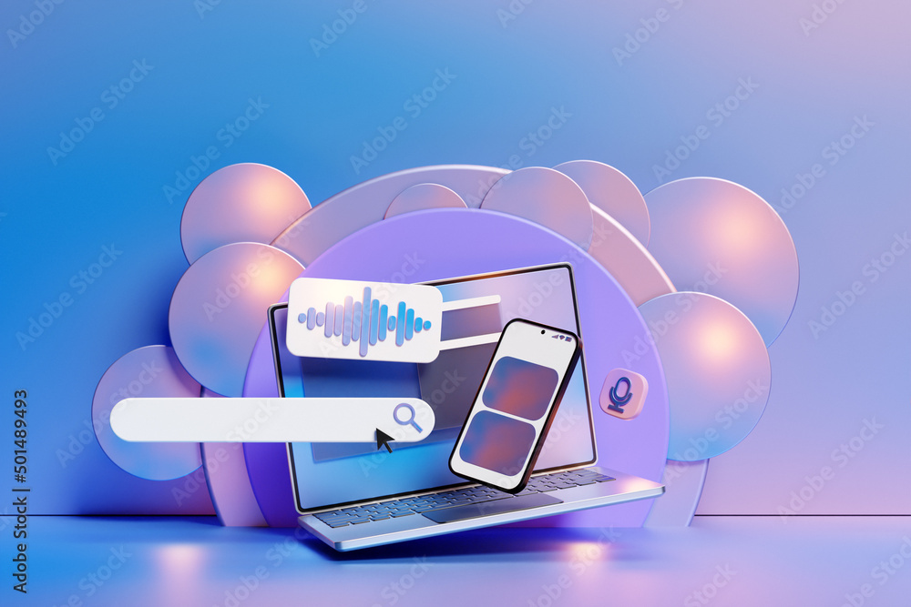 Poster 3d illustration of a laptop and smartphone with an open browser tab on the screen and an audio searc