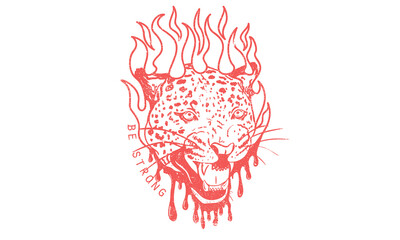 Leopard face with fire graphic print design. Animal face artwork for posters, stickers, background and others. Wild cat illustration. Be strong. 