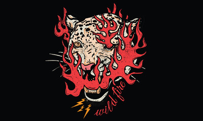 Leopard face graphic t shirt print design. Wild animal fire  artwork for posters, t-shirt,  stickers, background and others. Wild cat illustration. 