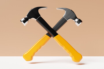 3D illustration of a metal hammer with a yellow handle hand tool isolated on a beige  background. 3D render and illustration of repair and installation tool