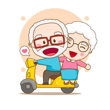 Cute grandparents riding motorbike. Chibi romantic cartoon character. vector art illustration. Couple in love