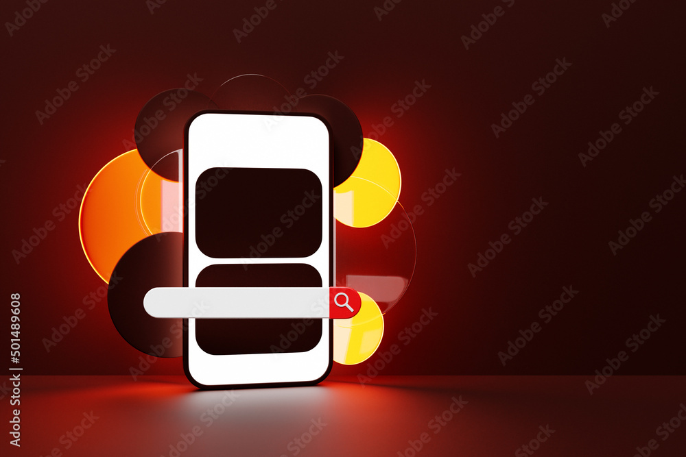 Poster 3d illustration of a mobile phone with a search bar on a dark background with geometric shapes. inte