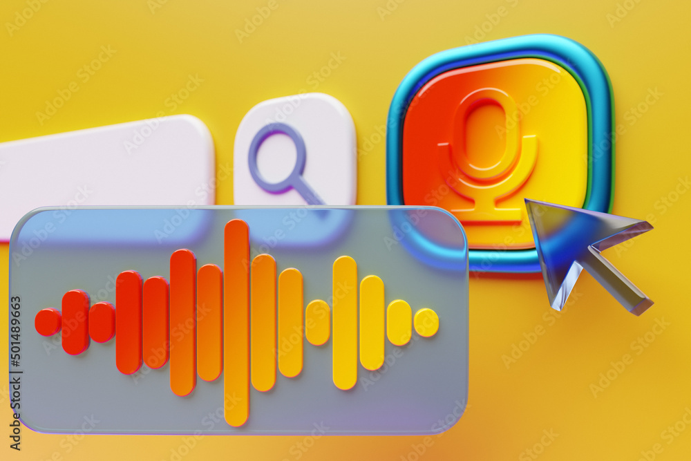 Poster 3d illustration, microphone button for audio search on the internet. search bar design element on a 