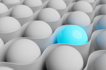 3d illustration geometric volumetric figure of a  white and blue  glowing balls with a white ribbon around them. one item different from others