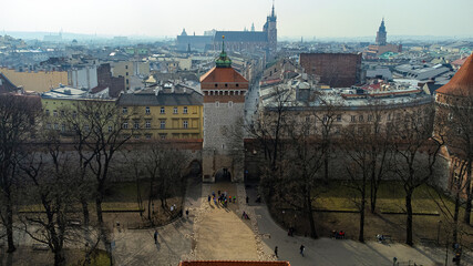 Aerial view of the St Florian's Gate in Krakow - obrazy, fototapety, plakaty