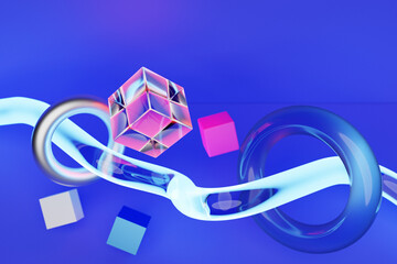 Close-up 3d blue   and pink illustration. Different cube and torus    flying