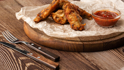 Fried Chicken Wings Covered in True Hot BBQ Sauce served with red hot chilli sauce on a parchment paper on wooden background.