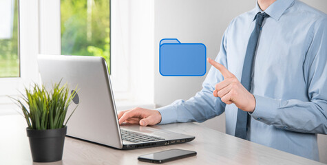 Hand hold folder icon.Document Management System or DMS setup by IT consultant with modern computer...