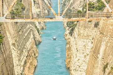 Ship passing through Corinth Canal in Greece