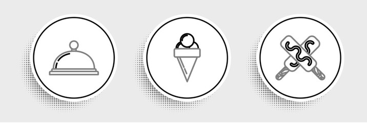 Set line Ice cream, Covered with tray of food and in waffle cone icon. Vector