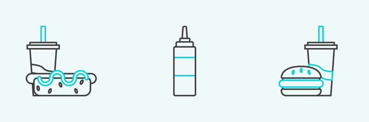 Obraz premium Set line Paper glass with drinking straw and burger, hotdog and Sauce bottle icon. Vector