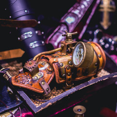 Closeup of a vintage barometer in the style of steampunk