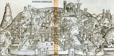 Closeup of an 18th century vintage map of Jerusalem
