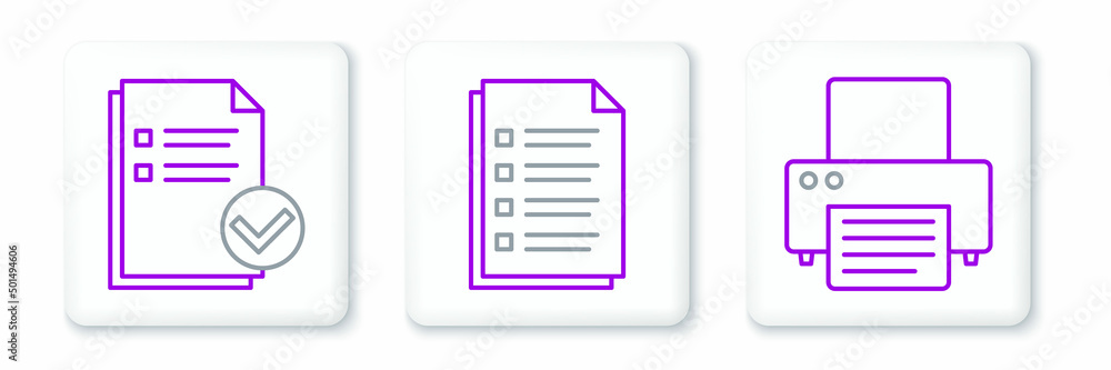 Poster set line printer, document and check mark and file document icon. vector