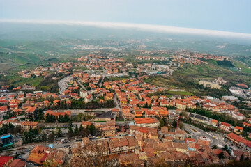 Cityscape and green valleys in San Marino in spring