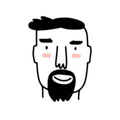 Doodle bearded smiling man. Hand-drawn outline human isolated on white background. Funny face Avatar. Cartoon dad. Male cute portrait. Hairstyle, mustaches, beard, brow, cheeks. Vector illustration