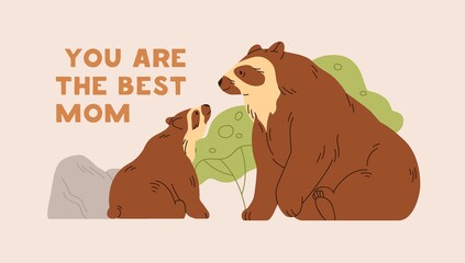 Happy mother s day card with cute bears family, mom and baby. Greeting postcard design for mothers love holiday with best mum animal and little cub kid. Colored flat graphic vector illustration