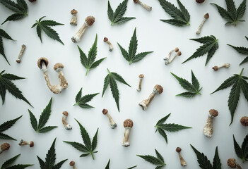 Microdosing concept. Pattern of psilocybin mushrooms and marijuana leaves isolated on white...
