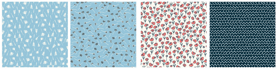 Seamless patterns set with hand drawn meadow flowers in Ditzy style. Stylish dark illustrations on beige background for surface design and other design projects