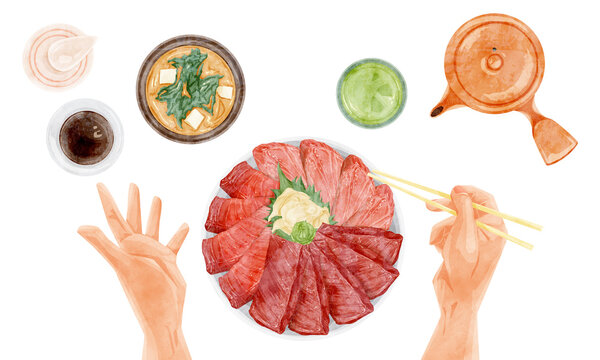 上から見た海鮮丼の手描き水彩風イラスト
