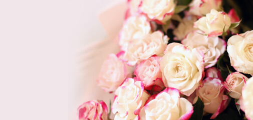 Thriving of full bloom flowerscape, floral visual of live flowers wall, beautiful roses background. Front top photo of a pink roses with selective focus in a bouquet on a soft green background 