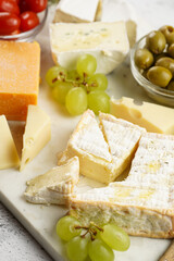 Cheese platter with organic cheeses - blue cheese cheddar, emmantaler, french soft cheese with strong smell, italian parmesan, grapes, tomatoes, olives, nuts and crackers on marble board