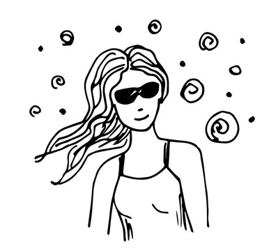 Simple Abstract Hand-drawn Vector Black Outline Drawing. Young Woman In Black Glasses, Undershirt, With Long Hair. Summer Vacation.