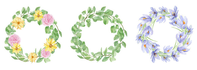 Watercolor floral wreath set with crocus, rose, wildflowers, green leaves, for wedding stationery, greeting card, baby shower, banner, logo design..