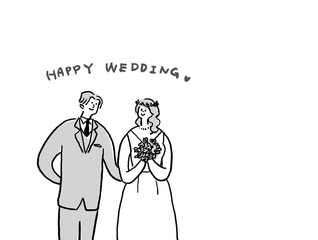 ウエディングドレスの女性とタキシードの男性、テキストあり、モノトーン（横、左配置）
