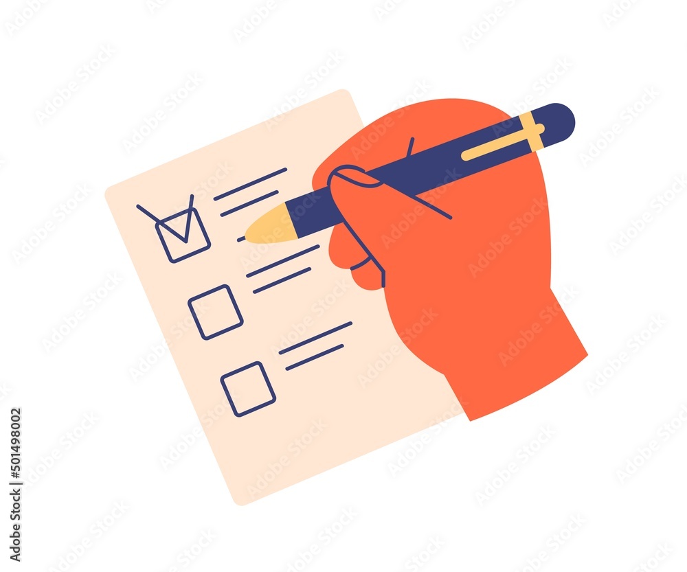 Aufkleber Hand with pen ticking done tasks with mark in check box of to do list. Filling form with checkboxes, choosing answer on sheet of paper, document. Flat vector illustration isolated on white background