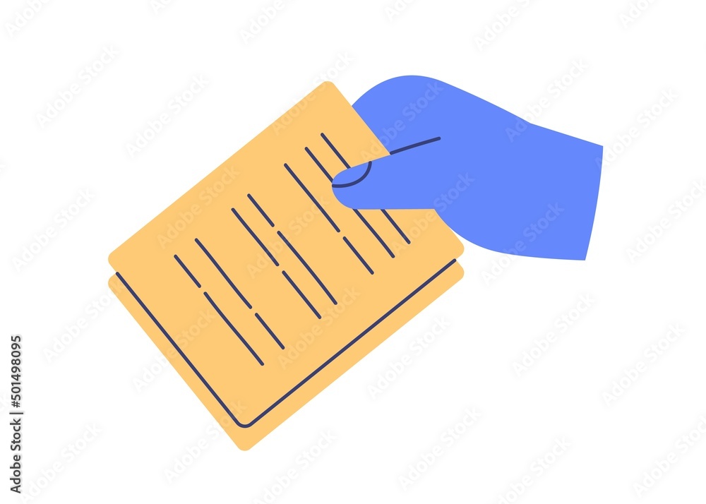 Poster hand holding document icon. arm with abstract business papers, official legal contract with lines. s