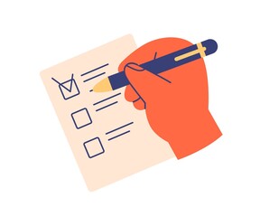 Hand with pen ticking done tasks with mark in check box of to do list. Filling form with checkboxes, choosing answer on sheet of paper, document. Flat vector illustration isolated on white background