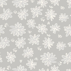 Fototapeta na wymiar Seamless pattern with hand drawn meadow flowers in Ditzy style. Outlined illustrations on gray background for surface design and other design projects