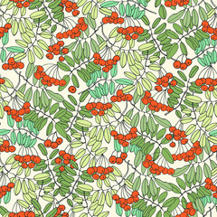 Seamless repeating pattern with rowan tree branches and ashberries. Colorful vector illustration on light-colored backgroud for surface design and other design projects