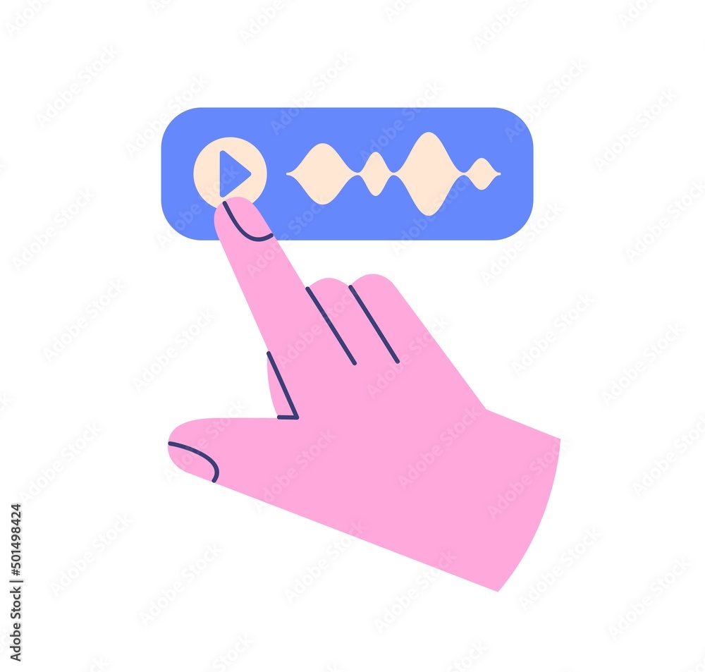 Poster Hand and music player icon. Finger pressing, clicking triangle button for playing audio, podcast. Abstract multimedia app using. Flat graphic vector illustration isolated on white background
