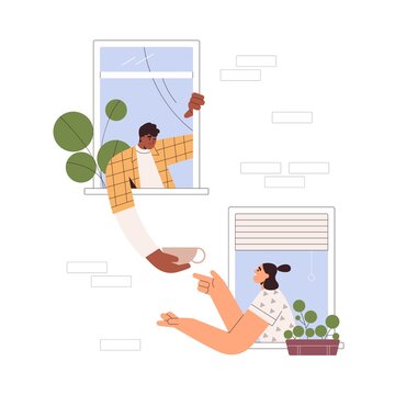 Neighbors help, support, food sharing concept. Good neighborhood, friendship. Man and woman neighbours friends in open windows of coliving dorm. Flat vector illustration isolated on white background