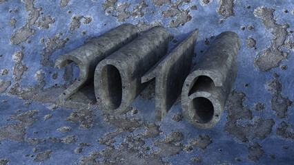 3D rendering of concrete number 2016 on a damaged blue wall