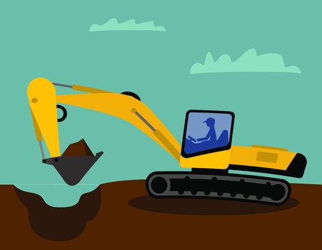 yellow excavator or loader, vector illustration