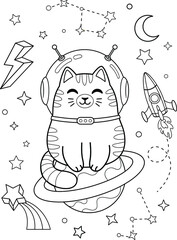 Cute cat astronaut sitting on Saturn. Vector outline isolated for coloring