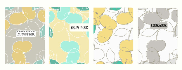 Cover page vector templates for recipe books based on seamless patterns with hand drawn apples. Cookery books cover layout. Healthy, vegan food concept. Trendy pine needle and mint green colors