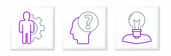 Set line Human head with lamp bulb, gear inside and question mark icon. Vector